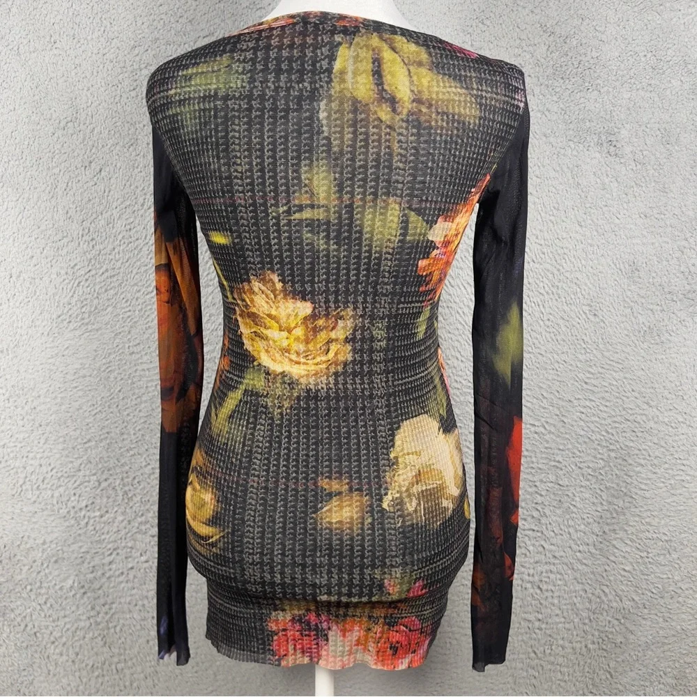 Fuzzi Top Womens Small Multicolor Sheer Long Sleeve Embroidered Floral Italy Y2K - Picture 3 of 8